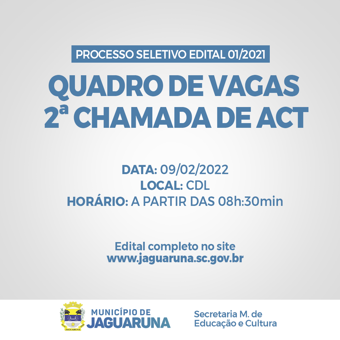 QUADRO DE VAGAS 2ª CHAMADA DE ACT PROCESSO SELETIVO EDITAL 01/2021