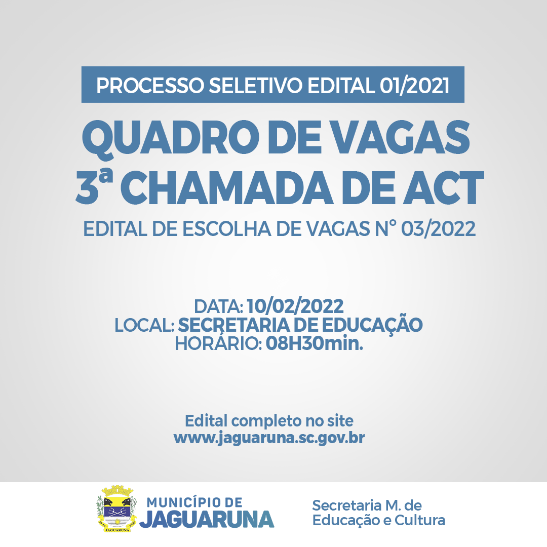 Quadro De Vagas 3ª Chamada De Act Processo Seletivo Edital 012021 Prefeitura De Jaguaruna 0177