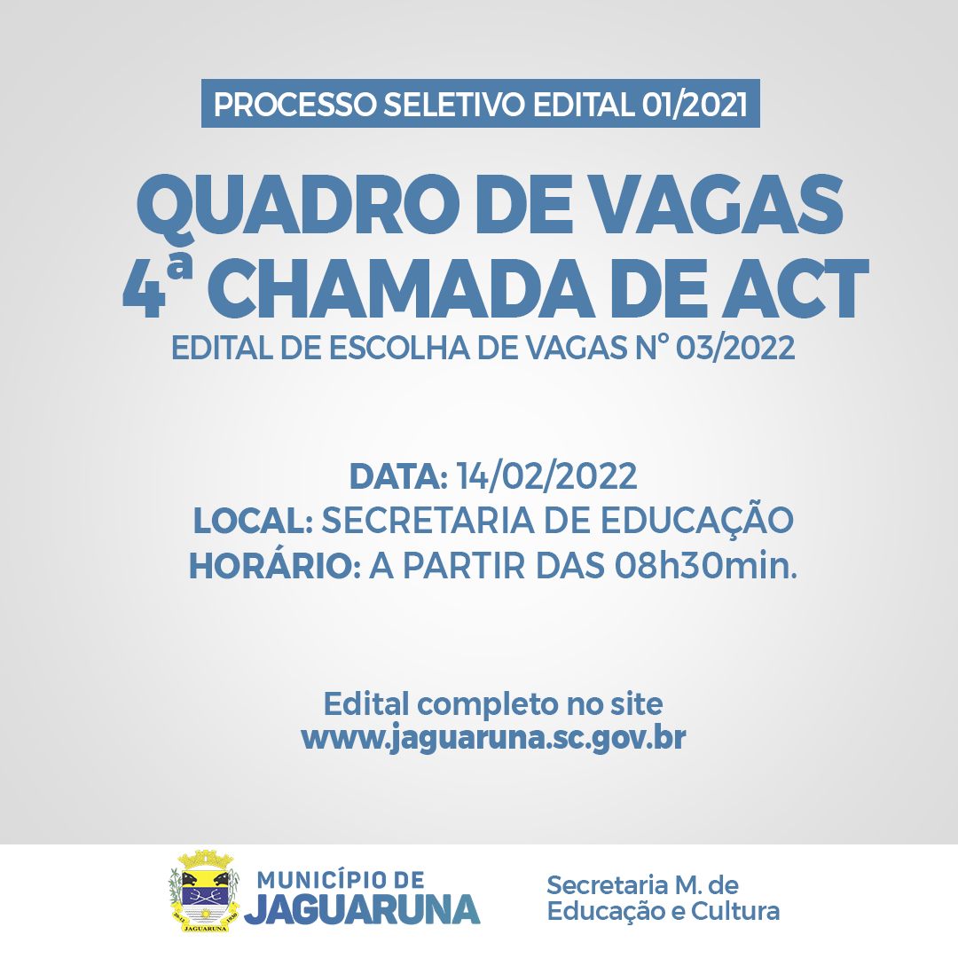 QUADRO DE VAGAS 4ª CHAMADA DE ACT PROCESSO SELETIVO EDITAL 01/2021